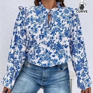 SHEIN Frenchy Plus Floral Print Frill Tie Neck Blouse US20